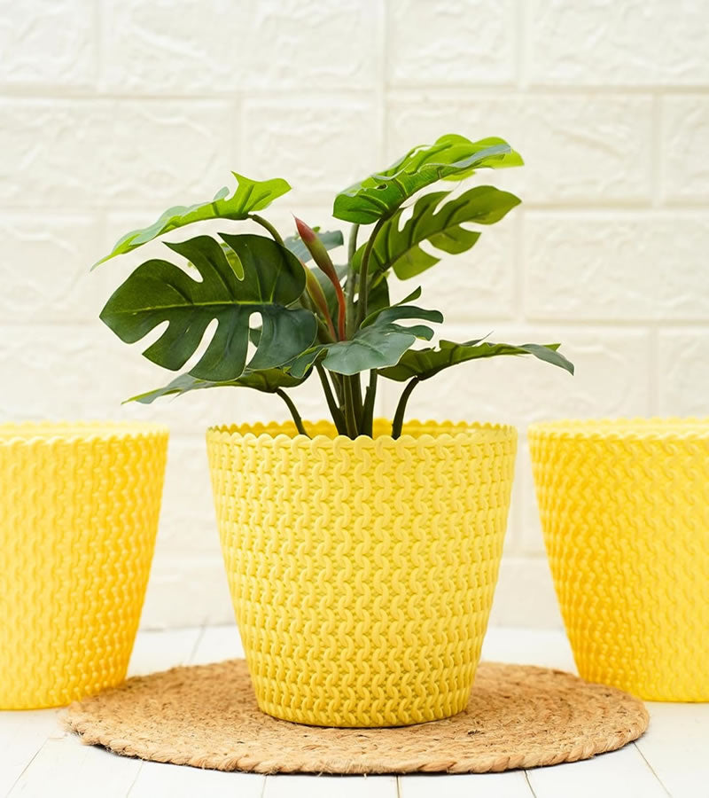 Plastic Pot- Marina - Yellow Color  - Pack of 3 (‎‎18D x 18W x 18H cm)