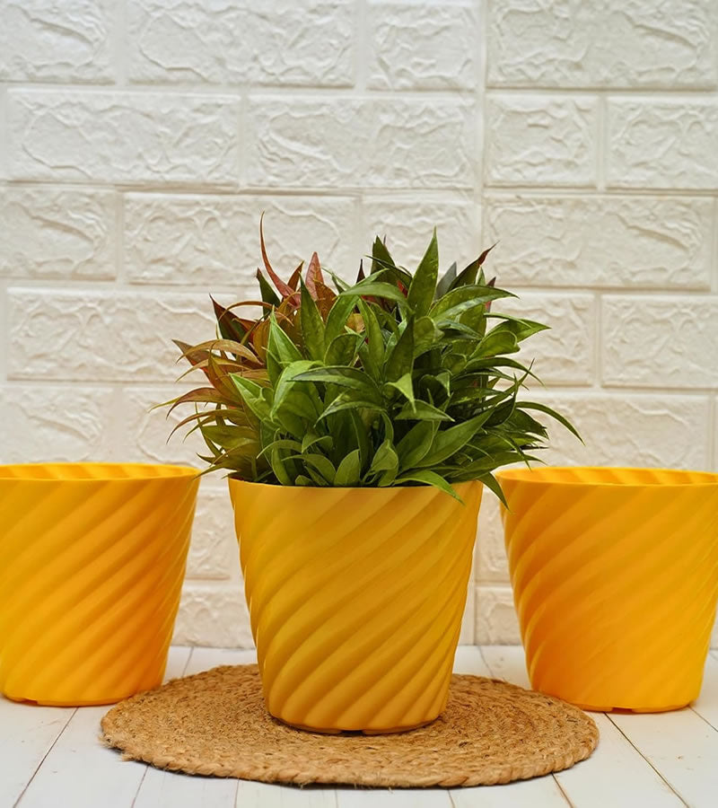 Plastic Pot Swirly Yellow Color- Pack of 3 (18D x 18W x 25H  cm)