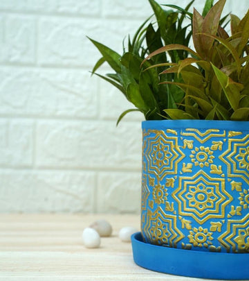 Ceramic Pot - Gold Blue Pattern 14 x 15 cm
