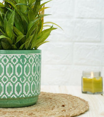 Ceramic Pot - Green Aztec Pattern 14 x 15 cm