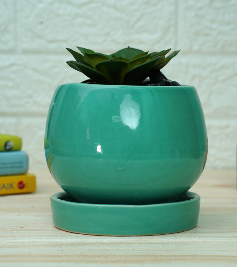 Round Ceramic Pots for Plants, Garden Pots for Plants, Flower Pot 11 x 13 cm - Green