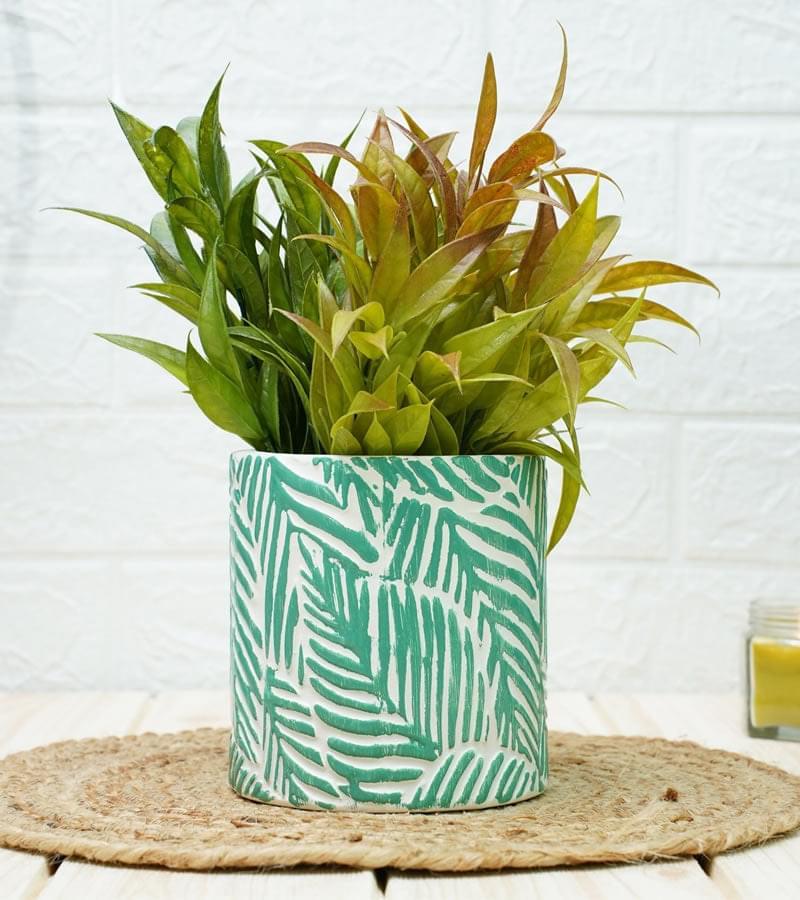 Ceramic Pot - Green Leaf Pattern 14 x 15 cm