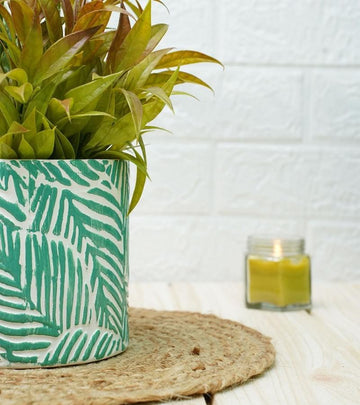 Ceramic Pot - Green Leaf Pattern 14 x 15 cm