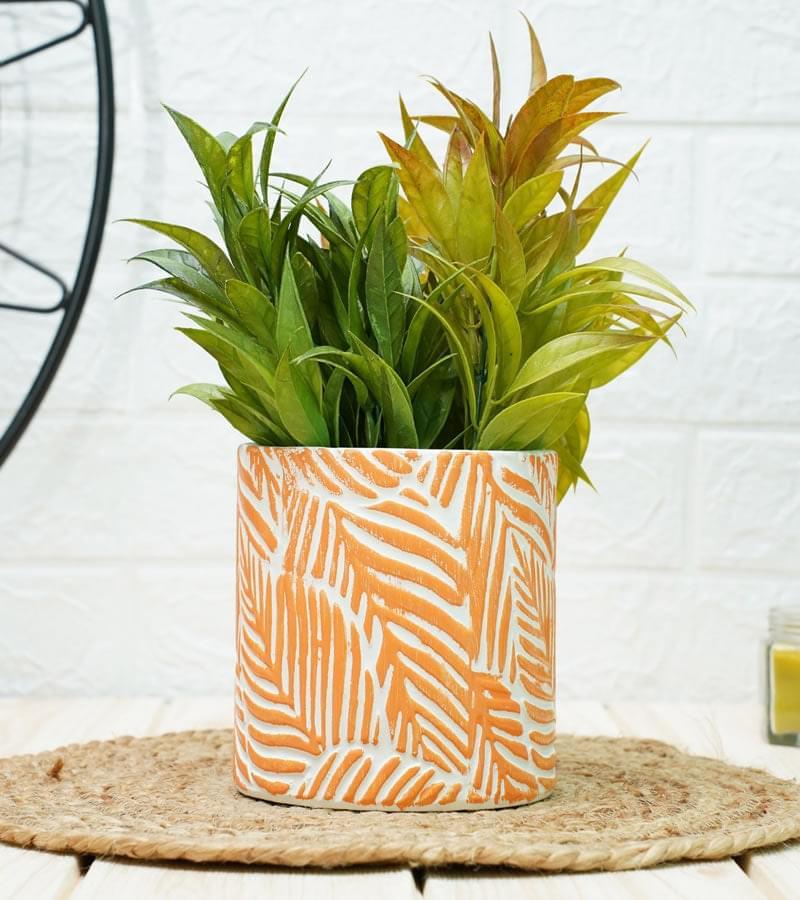 Ceramic Pot - Orange Leaf Pattern 14 x 15 cm