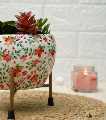 Metal Planters - Red Flower Print 14.5 x 14 x 10 cm