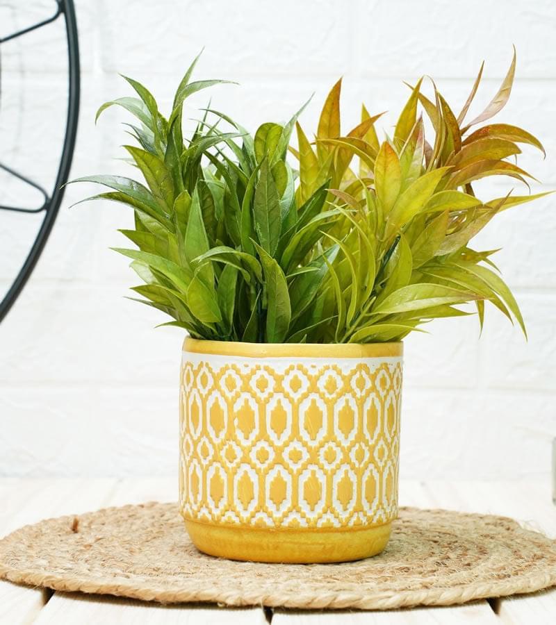 Ceramic Pot - Yellow Aztec Pattern 14 x 15 cm